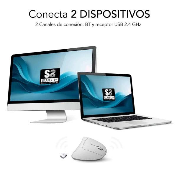 Subblim Glide Vertical Ergo Dual Mouse Verticale Bluetooth, USB 2.4Ghz 4000dpi - 5 Pulsanti - Uso Destrorso - Colore Bianco