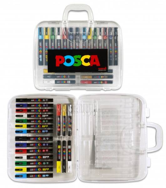 Posca Valigetta Plastica con 20 Pennarelli di Pittura - Punta in Poliestere - Inchiostro Pigmentato a Base Acqua - Non Permanente - Resistente alla Luce - Colori e Spessori Assortiti