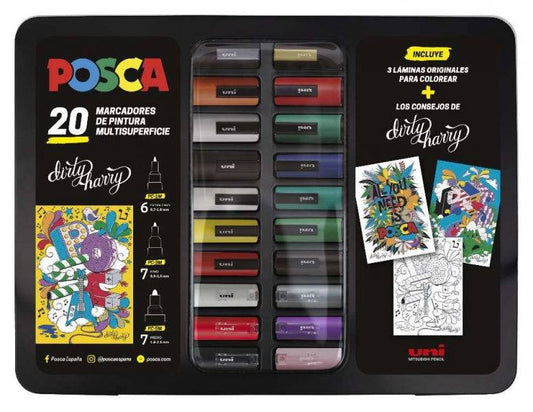 Posca Valigetta Metallica con 20 Pennarelli di Pittura - Assortiti in Colore e Tratto - Punta in Poliestere - Inchiostro Pigmentato a Base Acqua - Resistente alla Luce - Include Fogli e Consigli di Dirty Harry - Colori Assortiti