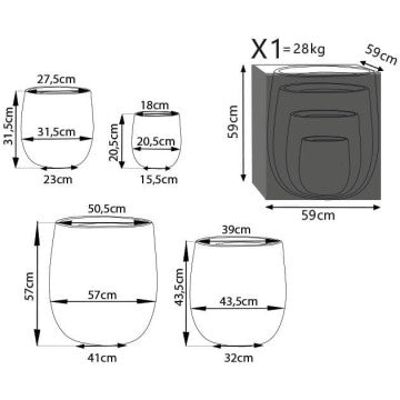 Set 4 vasi cubici fibra sintetica grigio scuro dimensioni graduate