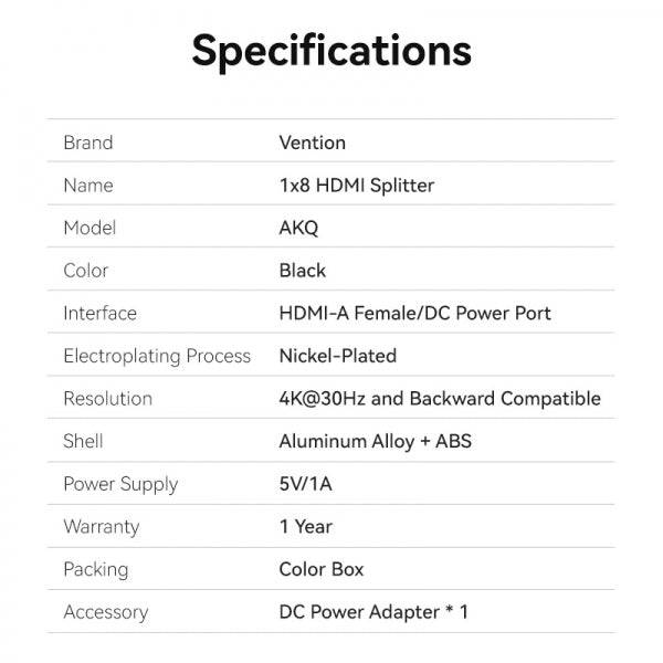 Vention Splitter HDMI 2.0 1x8 - 4K - Alluminio Nero