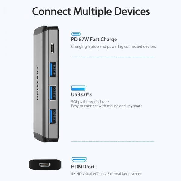 Vention Docking Station 5 in 1 USB-C a HDMI 4K/3xUSB3.0/PD100W - 0.15m - Colore Grigio