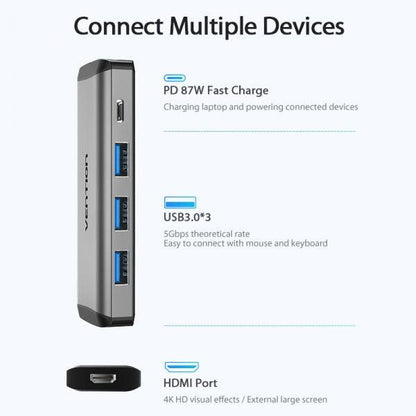 Vention Docking Station 5 in 1 USB-C a HDMI 4K/3xUSB3.0/PD100W - 0.15m - Colore Grigio