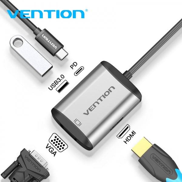 Vention Docking Station 4 in 1 USB-C a HDMI/VGA/USB3.0/PD87W - 0.15m - Colore Grigio