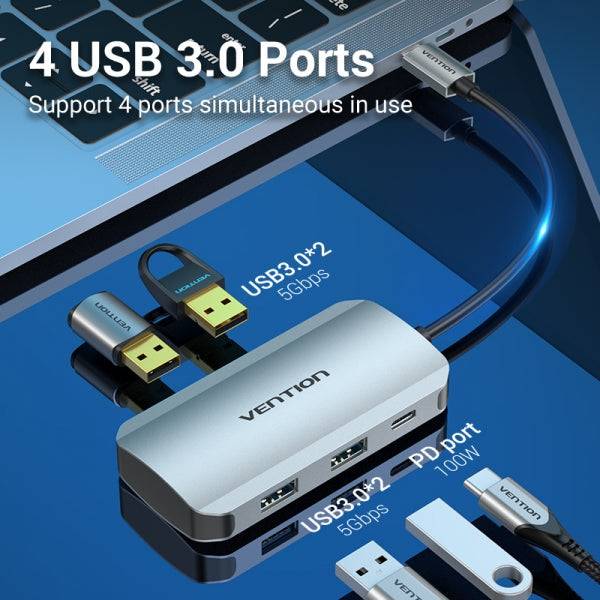 Vention HUB 5 in 1 USB-C a 4xUSB3.0/PD100W - 0.15m - Colore Grigio