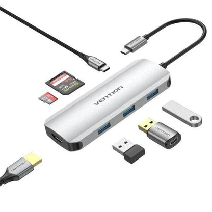 Vention Docking Station 7 in 1 USB-C a HDMI 4K/3xUSB3.0/SD/TF/PD100W - 0.15m - Colore Grigio
