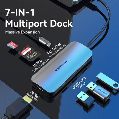 Vention Docking Station 7 in 1 USB-C a HDMI 4K/3xUSB3.0/SD/TF/PD100W - 0.15m - Colore Grigio