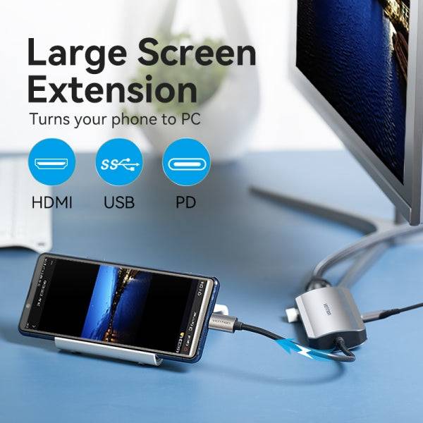 Vention Docking Station 7 in 1 USB-C a HDMI 4K/3xUSB3.0/SD/TF/PD100W - 0.15m - Colore Grigio
