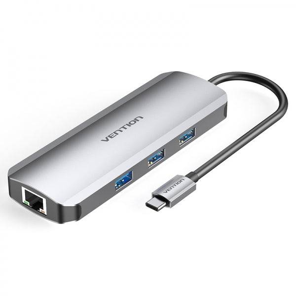 Vention Docking Station 8 in 1 USB-C a HDMI 4K/3xUSB 3.0/Lettore SD/MicroSD/RJ45/PD 100W - 0.15m - Colore Grigio
