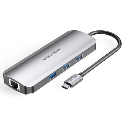 Vention Docking Station 8 in 1 USB-C a HDMI 4K/3xUSB 3.0/Lettore SD/MicroSD/RJ45/PD 100W - 0.15m - Colore Grigio