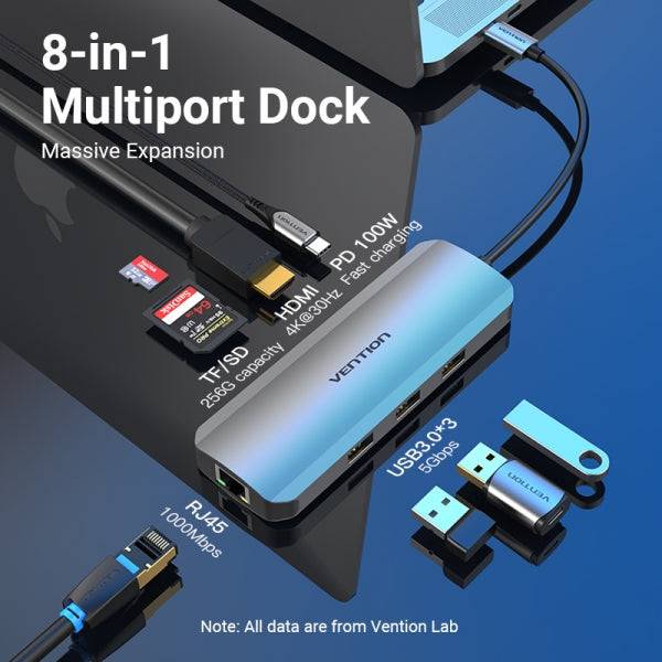 Vention Docking Station 8 in 1 USB-C a HDMI 4K/3xUSB 3.0/Lettore SD/MicroSD/RJ45/PD 100W - 0.15m - Colore Grigio