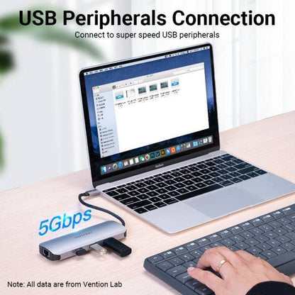 Vention Docking Station 8 in 1 USB-C a HDMI 4K/3xUSB 3.0/Lettore SD/MicroSD/RJ45/PD 100W - 0.15m - Colore Grigio
