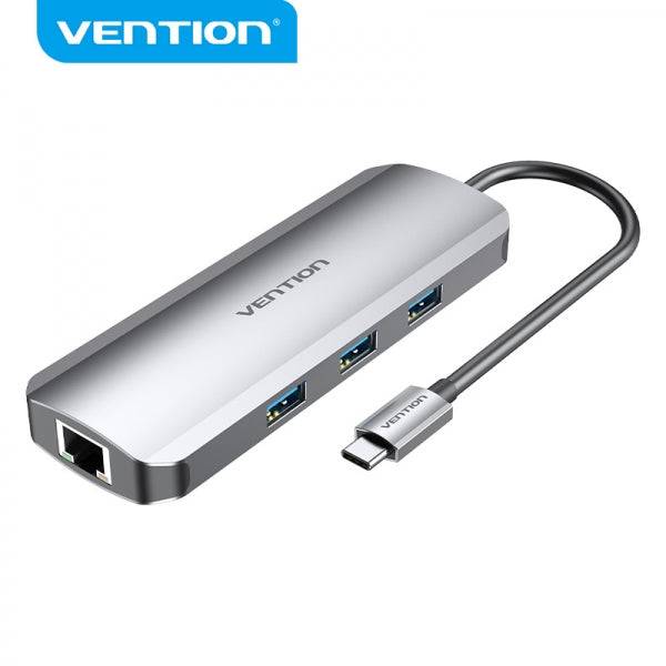 Vention Docking Station 9 in 1 USB-C a HDMI 4K/3xUSB3.0/RJ45/Lettore SD/MicroSD/Jack Audio/PD100W - 0.15m - Colore Grigio