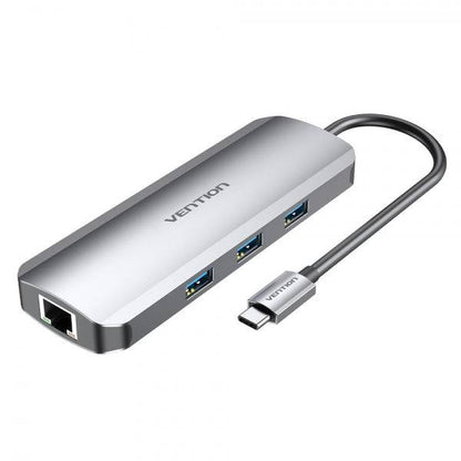 Vention Docking Station 9 in 1 USB-C a HDMI 4K/3xUSB3.0/RJ45/Lettore SD/MicroSD/Jack Audio/PD100W - 0.15m - Colore Grigio