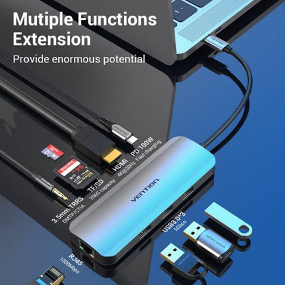 Vention Docking Station 9 in 1 USB-C a HDMI 4K/3xUSB3.0/RJ45/Lettore SD/MicroSD/Jack Audio/PD100W - 0.15m - Colore Grigio
