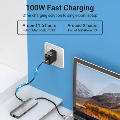 Vention Docking Station 9 in 1 USB-C a HDMI 4K/3xUSB3.0/RJ45/Lettore SD/MicroSD/Jack Audio/PD100W - 0.15m - Colore Grigio
