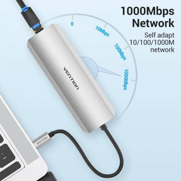 Vention Docking Station 9 in 1 USB-C a HDMI 4K/3xUSB3.0/RJ45/Lettore SD/MicroSD/Jack Audio/PD100W - 0.15m - Colore Grigio