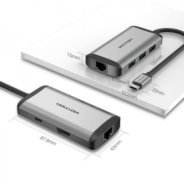 Vention Docking Station 6 in 1 USB-C a HDMI 4K/3xUSB3.0/RJ45/PD87W - 0.15m - Colore Grigio