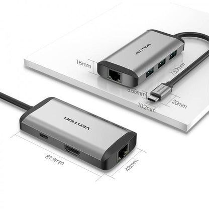 Vention Docking Station 6 in 1 USB-C a HDMI 4K/3xUSB3.0/RJ45/PD87W - 0.15m - Colore Grigio