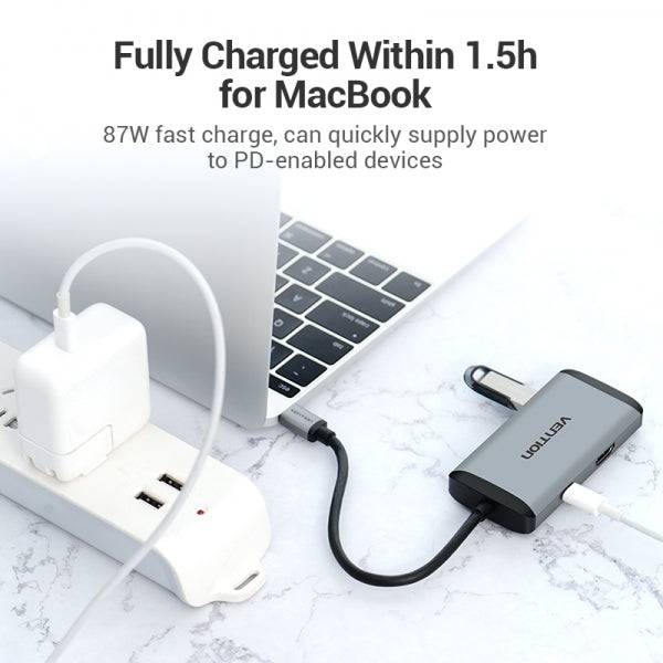 Vention Docking Station 6 in 1 USB-C a HDMI 4K/3xUSB3.0/RJ45/PD87W - 0.15m - Colore Grigio