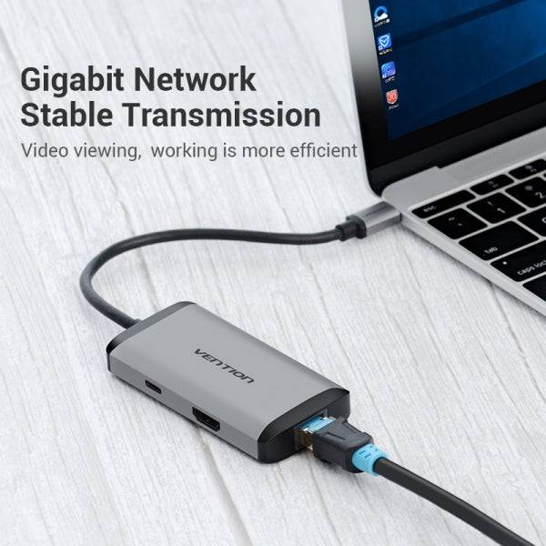 Vention Docking Station 6 in 1 USB-C a HDMI 4K/3xUSB3.0/RJ45/PD87W - 0.15m - Colore Grigio