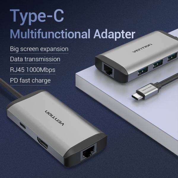 Vention Docking Station 6 in 1 USB-C a HDMI 4K/3xUSB3.0/RJ45/PD87W - 0.15m - Colore Grigio