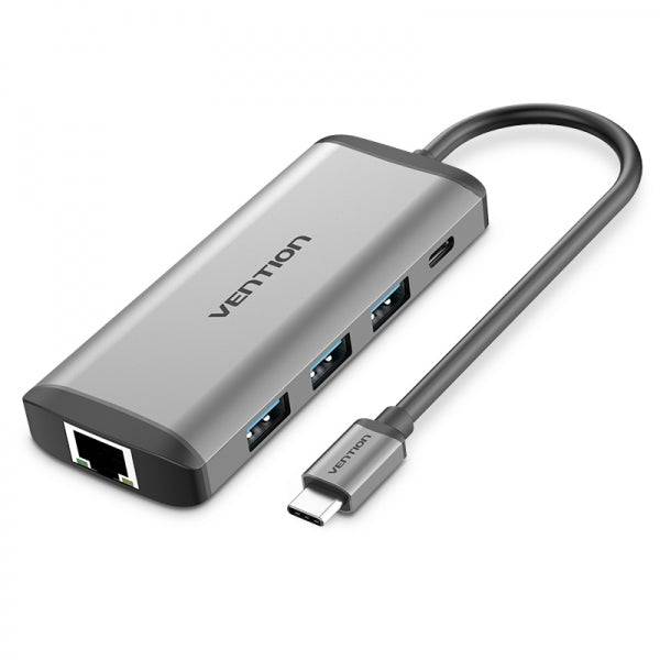 Vention Docking Station 7 in 1 USB-C a HDMI 4K/3xUSB3.0/RJ45/Lettore SD/TF/PD87W - 0.15m - Colore Grigio