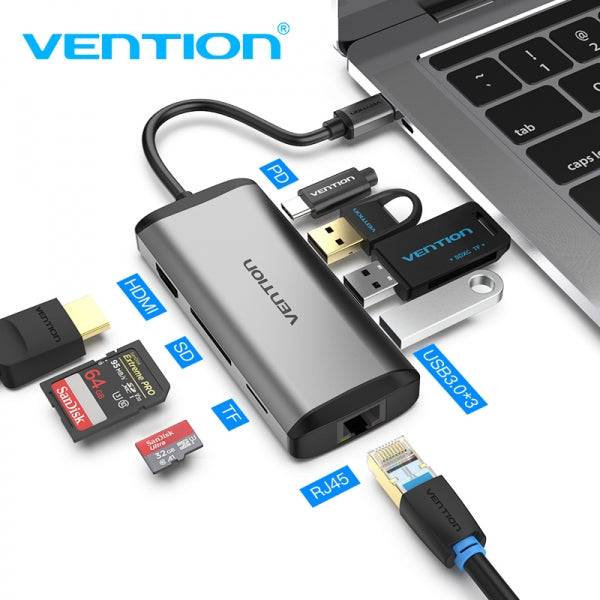 Vention Docking Station 7 in 1 USB-C a HDMI 4K/3xUSB3.0/RJ45/Lettore SD/TF/PD87W - 0.15m - Colore Grigio