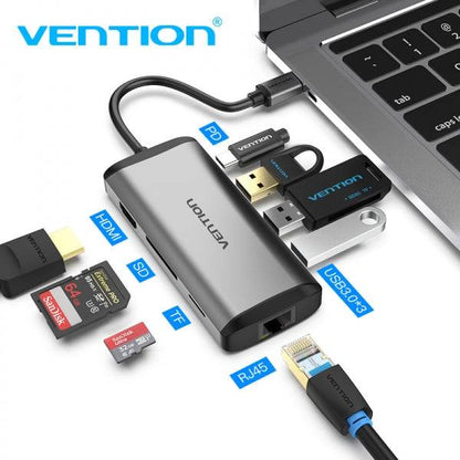 Vention Docking Station 7 in 1 USB-C a HDMI 4K/3xUSB3.0/RJ45/Lettore SD/TF/PD87W - 0.15m - Colore Grigio