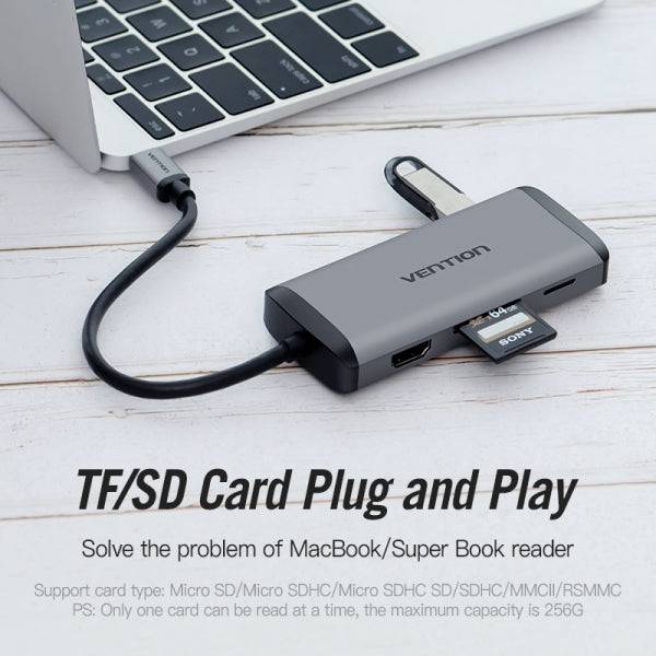 Vention Docking Station 7 in 1 USB-C a HDMI 4K/3xUSB3.0/RJ45/Lettore SD/TF/PD87W - 0.15m - Colore Grigio
