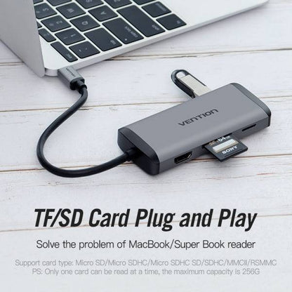Vention Docking Station 7 in 1 USB-C a HDMI 4K/3xUSB3.0/RJ45/Lettore SD/TF/PD87W - 0.15m - Colore Grigio