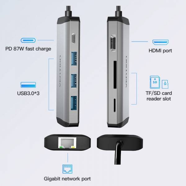 Vention Docking Station 7 in 1 USB-C a HDMI 4K/3xUSB3.0/RJ45/Lettore SD/TF/PD87W - 0.15m - Colore Grigio