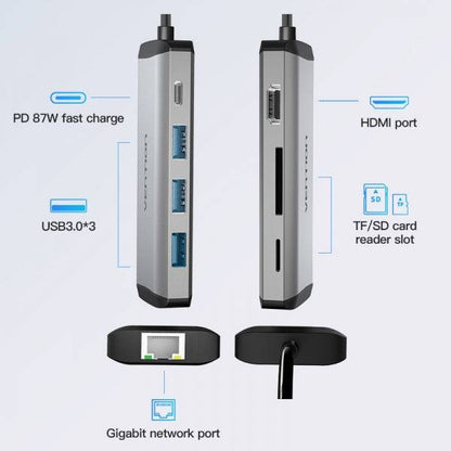 Vention Docking Station 7 in 1 USB-C a HDMI 4K/3xUSB3.0/RJ45/Lettore SD/TF/PD87W - 0.15m - Colore Grigio