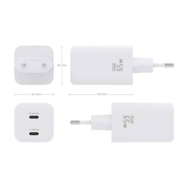 Aisens Caricatore GAN USB-C 65W - Alta Efficienza Energetica - Tecnologia AI - Protezioni Multiple - Ricarica Rapida e Sicura - Compatibile con PD3.0 e Altri Protocolli - 2 Porte USB-C