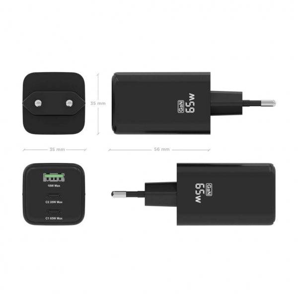 Aisens Caricatore GAN USB-C 65W - Alta Efficienza Energetica - Tecnologia AI per Ricarica Rapida - Protezioni Multiple di Sicurezza - Compatibile con USB-C e USB-A - Ricarica Simultanea di 3 Dispositivi