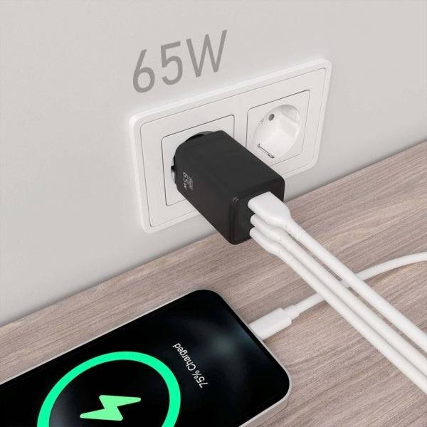 Aisens Caricatore GAN USB-C 65W - Alta Efficienza Energetica - Tecnologia AI per Ricarica Rapida - Protezioni Multiple di Sicurezza - Compatibile con USB-C e USB-A - Ricarica Simultanea di 3 Dispositivi