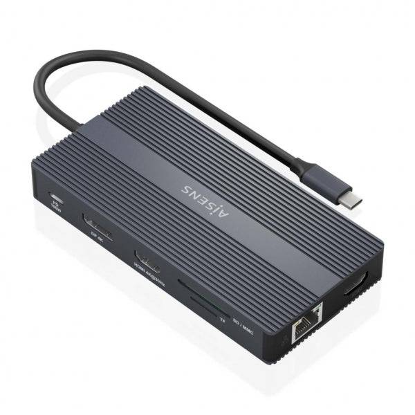Aisens Convertitore USB-C 12 in 1 - Chassis in Alluminio - Leggero e Portatile - Connessione a 3 Display - Power Delivery 100W - Ethernet RJ45 - Porte USB-A e USB-C - Lettori Schede SD e Micro SD