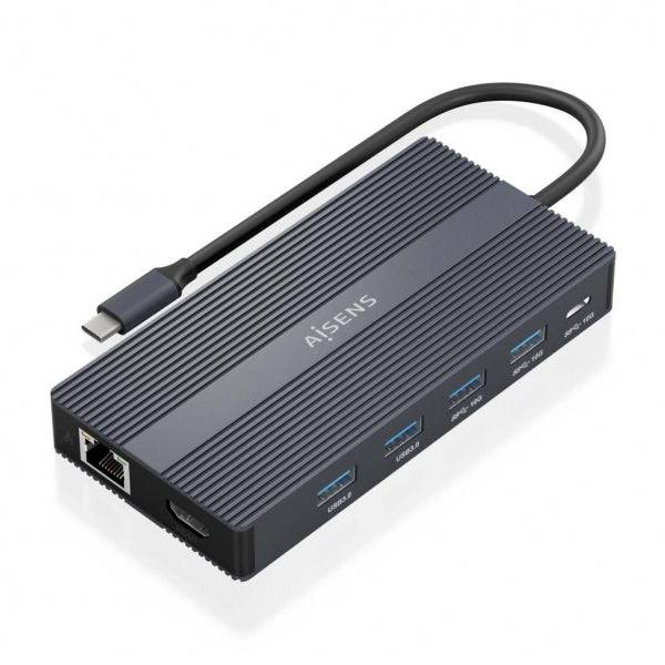 Aisens Convertitore USB-C 12 in 1 - Chassis in Alluminio - Leggero e Portatile - Connessione a 3 Display - Power Delivery 100W - Ethernet RJ45 - Porte USB-A e USB-C - Lettori Schede SD e Micro SD