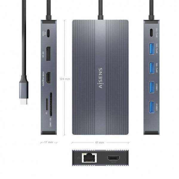 Aisens Convertitore USB-C 12 in 1 - Chassis in Alluminio - Leggero e Portatile - Connessione a 3 Display - Power Delivery 100W - Ethernet RJ45 - Porte USB-A e USB-C - Lettori Schede SD e Micro SD