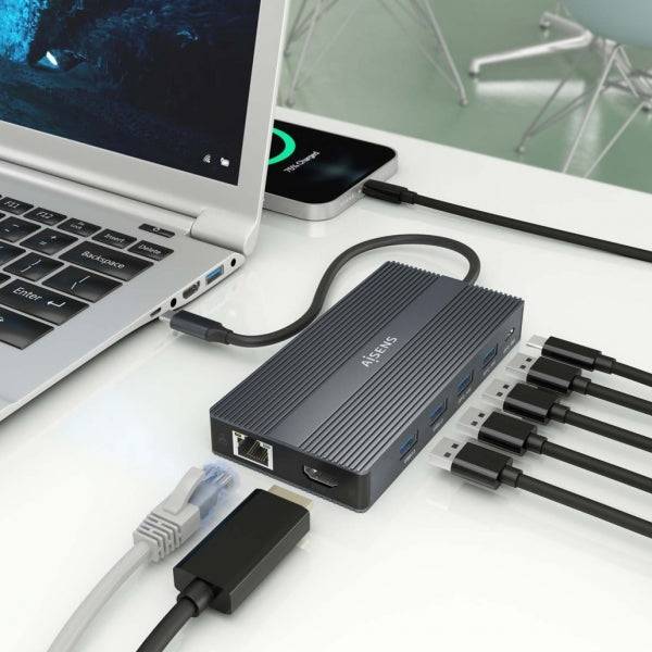 Aisens Convertitore USB-C 12 in 1 - Chassis in Alluminio - Leggero e Portatile - Connessione a 3 Display - Power Delivery 100W - Ethernet RJ45 - Porte USB-A e USB-C - Lettori Schede SD e Micro SD