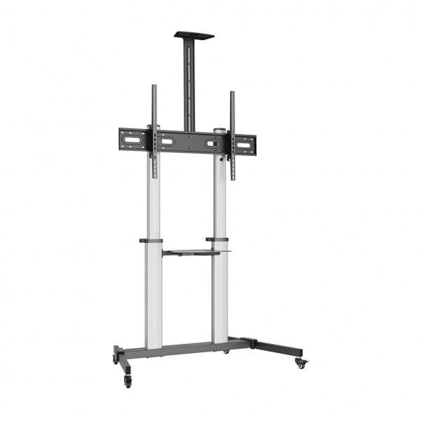 Aisens Pro Supporto da Pavimento con Ruote per TV da 60" a 100" - Alluminio Alta Resistenza - VESA Massimo 1000x600mm - Carico Massimo 100kg - Inclinazione -10°/+5° - Altezza Regolabile - Colore Nero/Argento