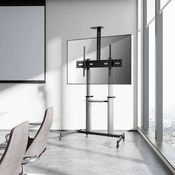 Aisens Pro Supporto da Pavimento con Ruote per TV da 60" a 100" - Alluminio Alta Resistenza - VESA Massimo 1000x600mm - Carico Massimo 100kg - Inclinazione -10°/+5° - Altezza Regolabile - Colore Nero/Argento