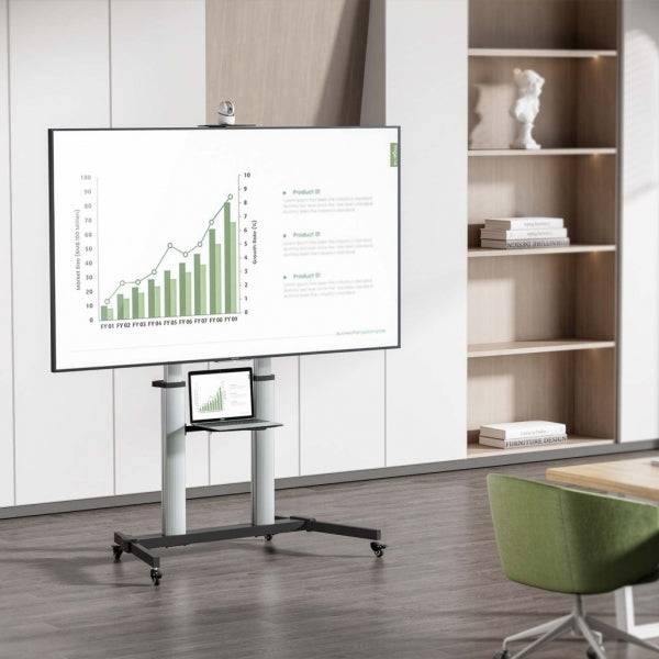 Aisens Pro Supporto da Pavimento con Ruote per TV da 60" a 100" - Alluminio Alta Resistenza - VESA Massimo 1000x600mm - Carico Massimo 100kg - Inclinazione -10°/+5° - Altezza Regolabile - Colore Nero/Argento