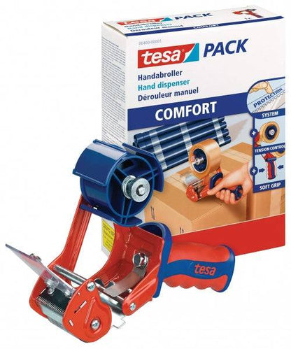 Tesa 6400 Comfort Dispenser per Nastro Adesivo fino a 50mm - Sistema Lama Protetta - Tensione Regolabile Manualmente - Colore Rosso/Blu