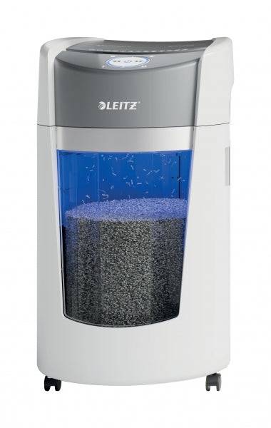 Leitz IQ OptiMax Office 550 Distruggidocumenti Manuale DIN P5 - Distrugge fino a 10 Fogli - Tempo di Funzionamento Continuo 120m - Vaschetta 35L con Tecnologia di Rotazione - Colore Bianco/Grigio