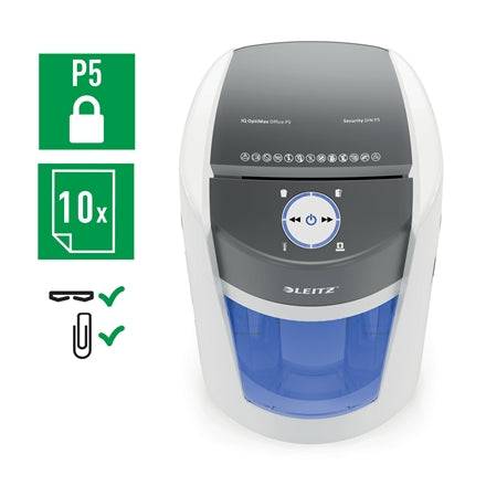 Leitz IQ OptiMax Office 550 Distruggidocumenti Manuale DIN P5 - Distrugge fino a 10 Fogli - Tempo di Funzionamento Continuo 120m - Vaschetta 35L con Tecnologia di Rotazione - Colore Bianco/Grigio