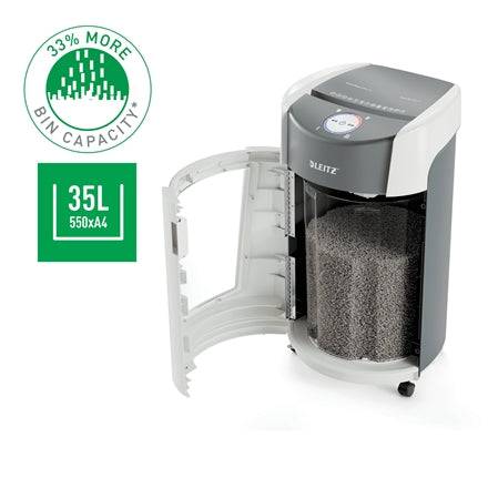 Leitz IQ OptiMax Office 550 Distruggidocumenti Manuale DIN P5 - Distrugge fino a 10 Fogli - Tempo di Funzionamento Continuo 120m - Vaschetta 35L con Tecnologia di Rotazione - Colore Bianco/Grigio