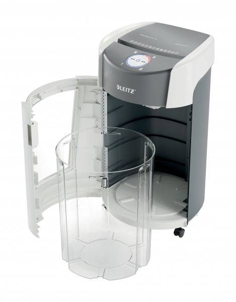 Leitz IQ OptiMax Office 550 Distruggidocumenti Manuale DIN P5 - Distrugge fino a 10 Fogli - Tempo di Funzionamento Continuo 120m - Vaschetta 35L con Tecnologia di Rotazione - Colore Bianco/Grigio