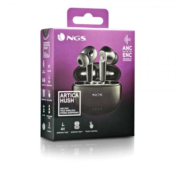 NGS Artica Hush Cuffie Bluetooth 5.3 TWS ANC - Connessione Automatica - Assistente Vocale - Autonomia fino a 4h - Custodia di Ricarica - Colore Nero