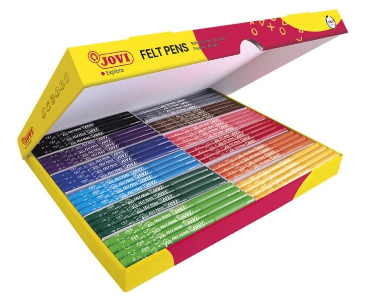 Jovi Felt Pens Scatola da 144 Pennarelli - Punta da 3mm - Cappuccio Ventilato - Impugnatura Triangolare Ergonomica - Inchiostro ad Alta Fissazione - Ideale per Scuole - Colori Assortiti